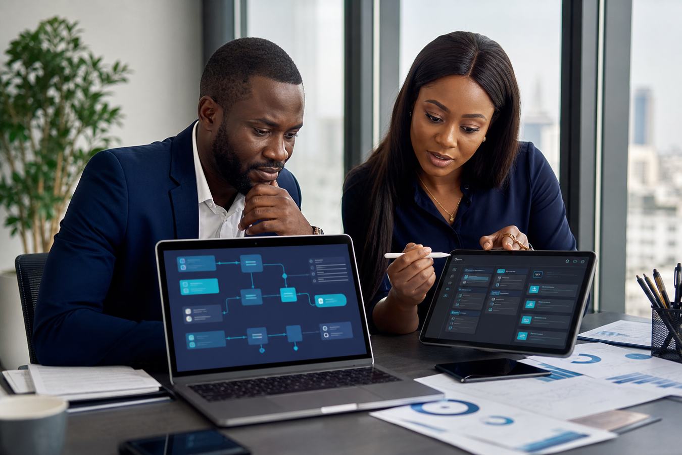 Nigerian business owner and operations manager reviewing an AI automation workflow with a consultant