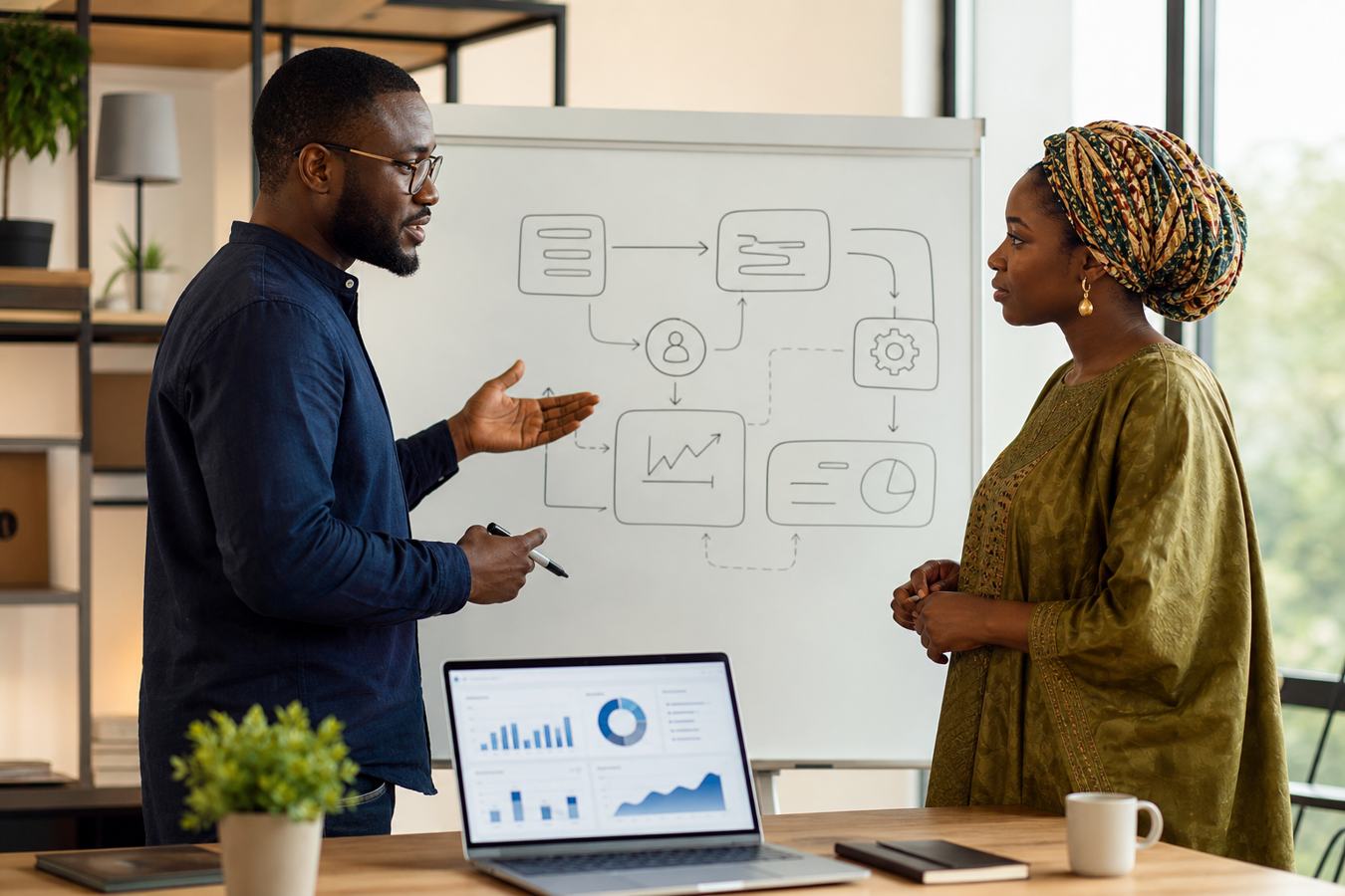 African automation consultant explaining workflow strategy to business founder