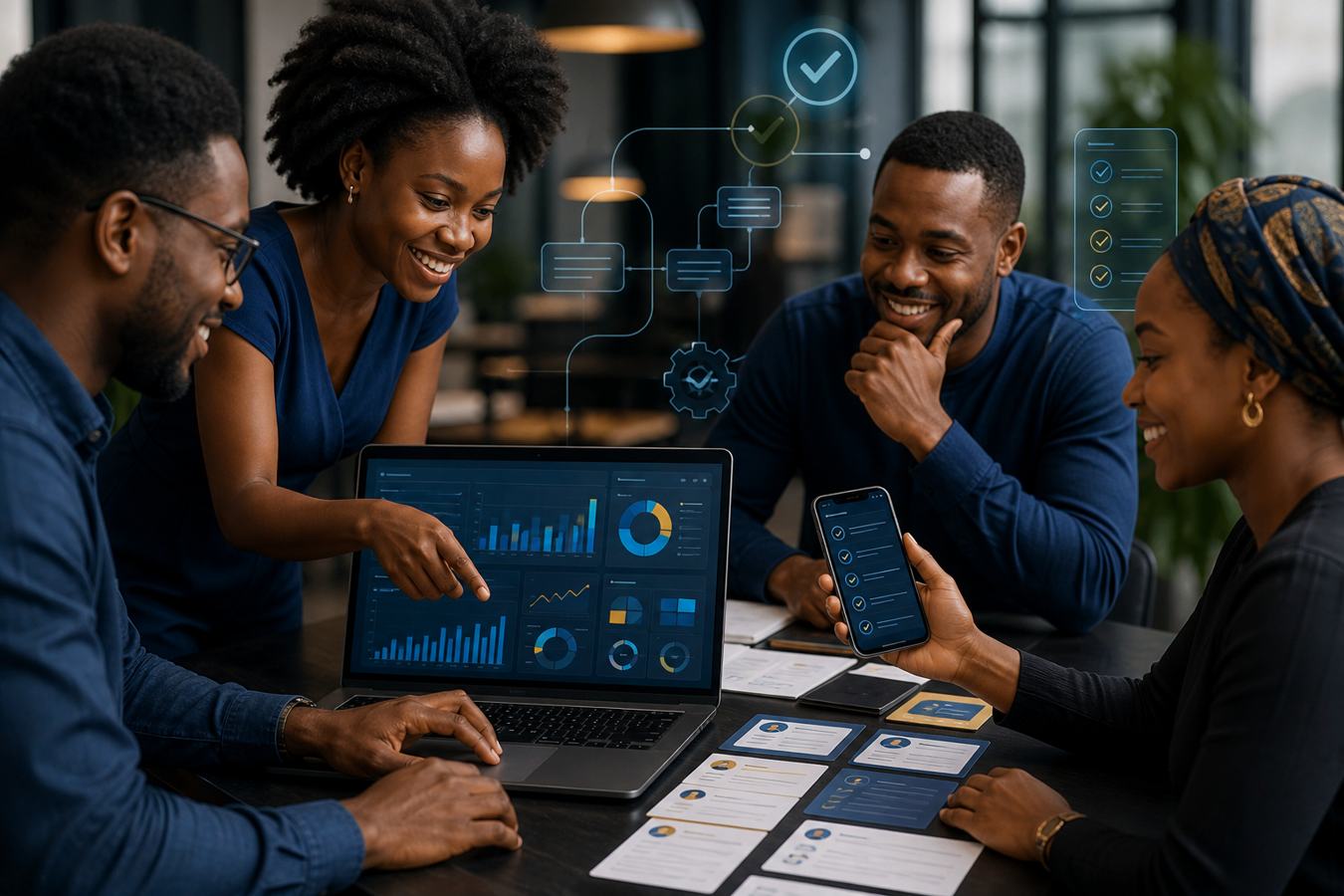African small business team reviewing dashboard and automation checklist