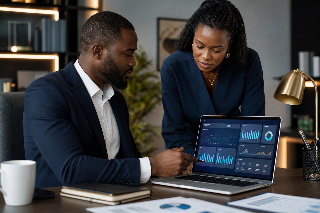 Nigerian SME owner reviewing a weekly KPI dashboard with a consultant