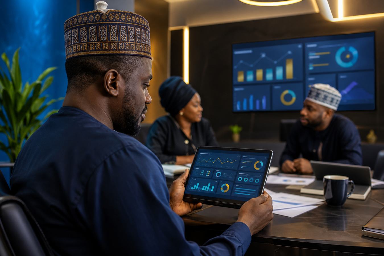 African business owner reviewing weekly performance dashboard on tablet