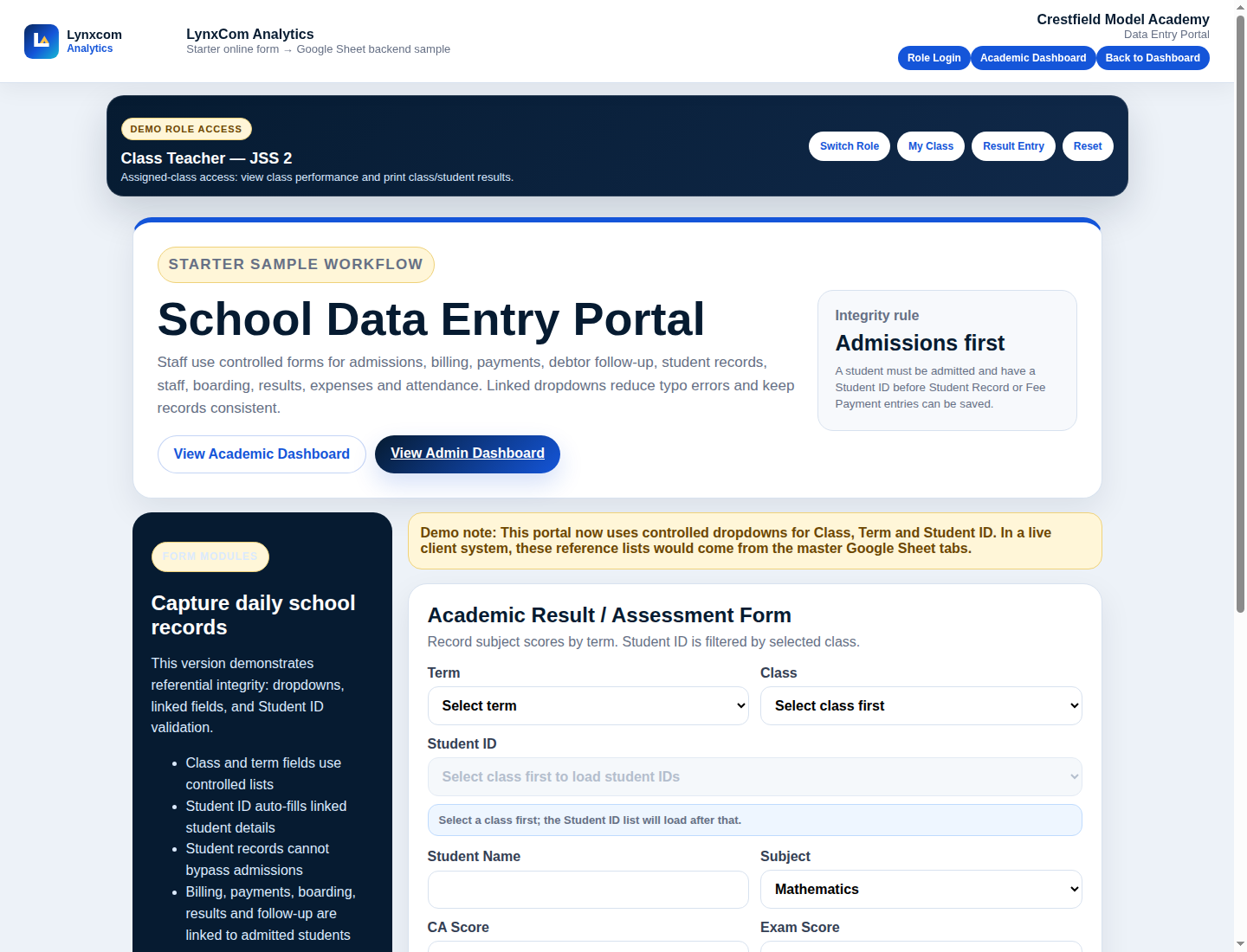 Screenshot of the Crestfield school role-based dashboard sample