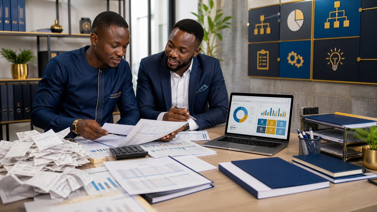 Black African consultant organizing business records into a dashboard workflow
