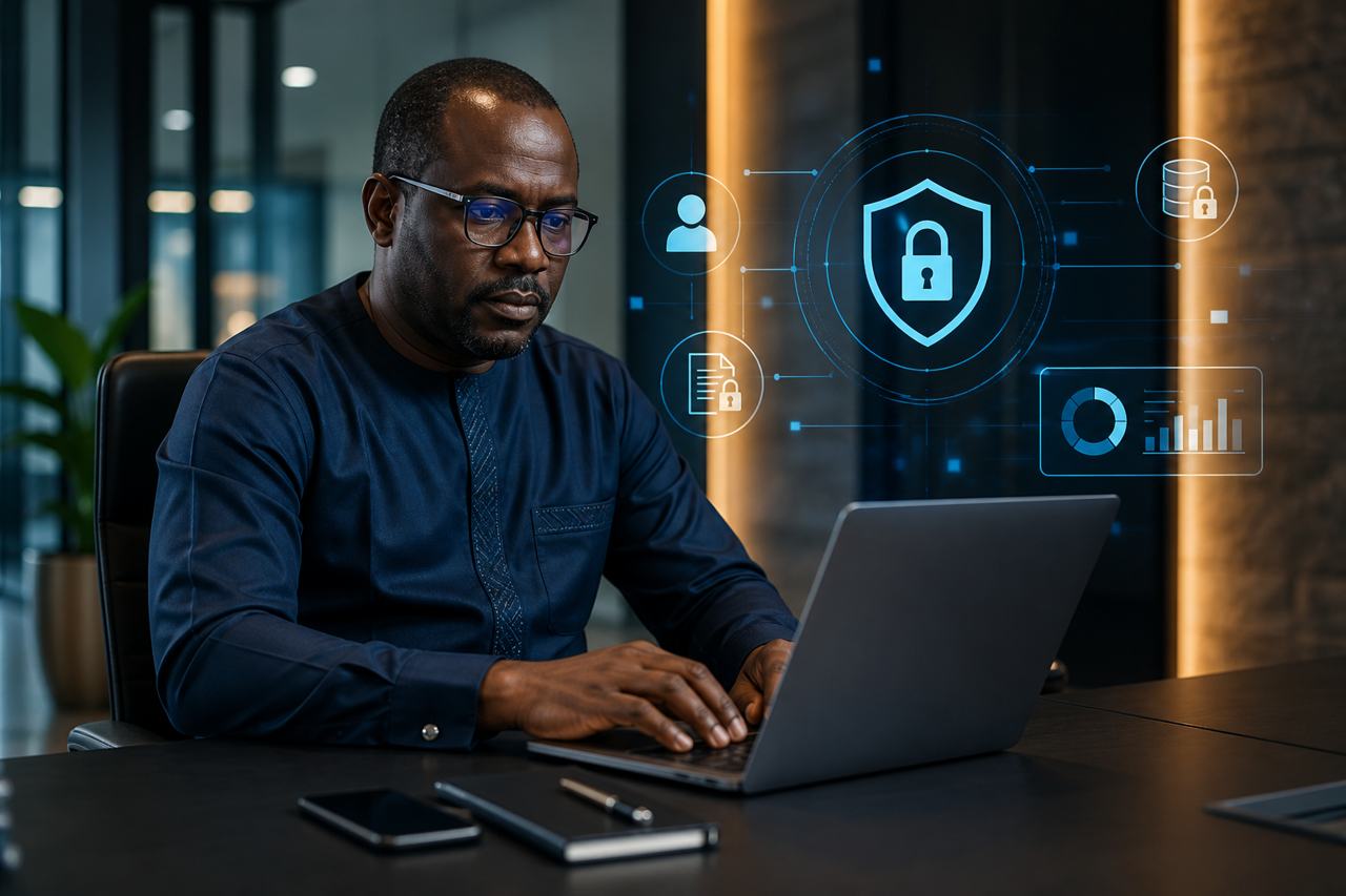 Black African operations manager reviewing secure business reporting on laptop