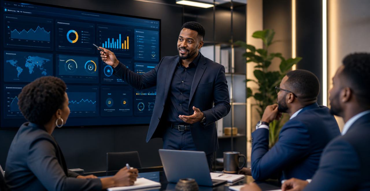 Black African consultant presenting a business dashboard to a team