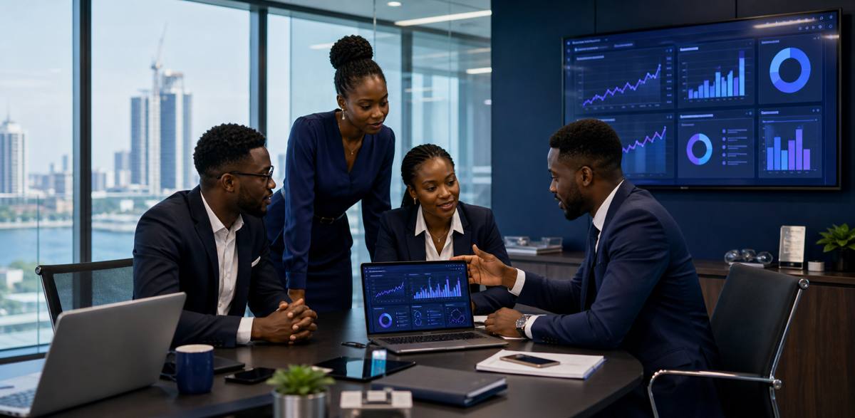 Black African business team reviewing dashboard analytics